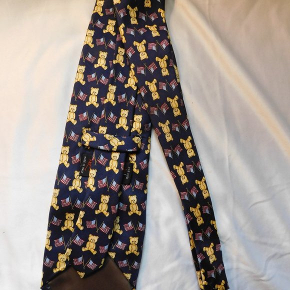 BeauFort Tie Rack Silk Made In Italy Teddy Bear and USA Flags - Picture 3 of 5